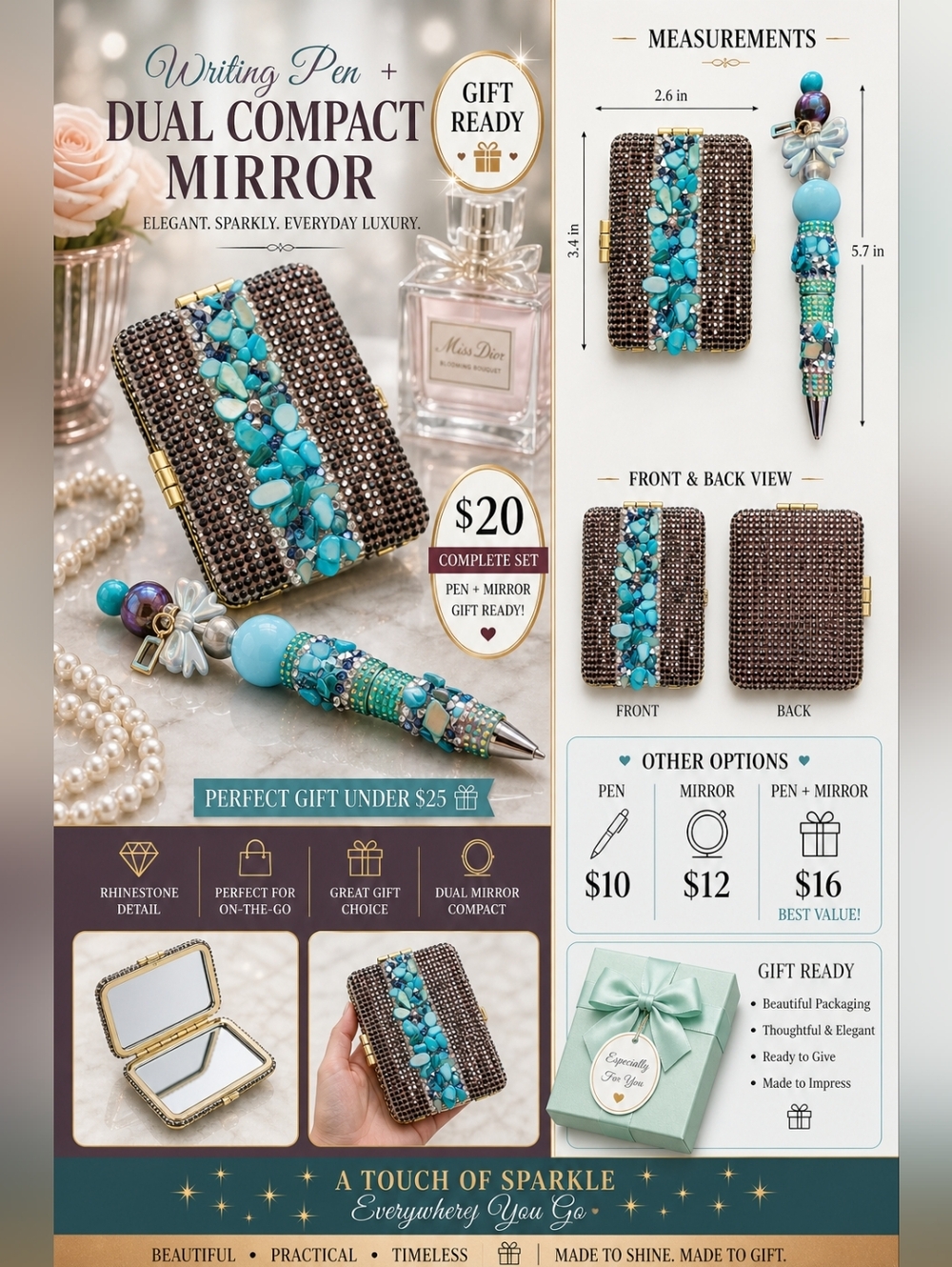 Jeweled Pen + Dual Mirror Compact Sparkly Rhinestone Gift Set Elegant Bling